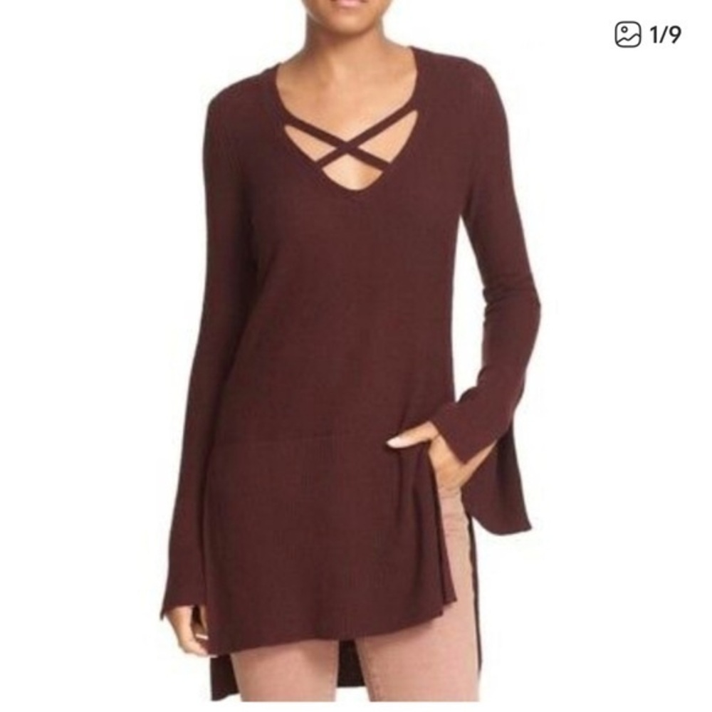 Free People Criss Cross Boho Tunic Mocha Sweater Size Small